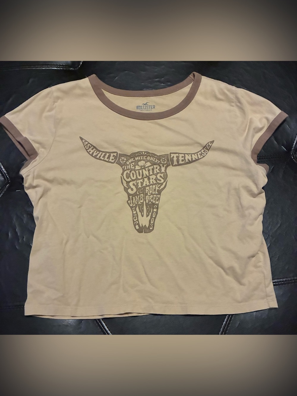 Hollister Beige Crop Ringer Tee with Brown Graphic